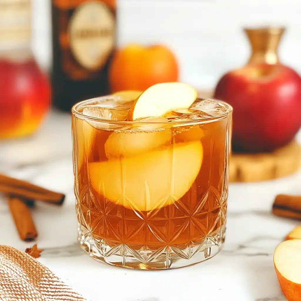 Glass of apple cinnamon whiskey cocktail garnished with apple slices and surrounded by fresh apples, cinnamon sticks, and a liquor bottle
