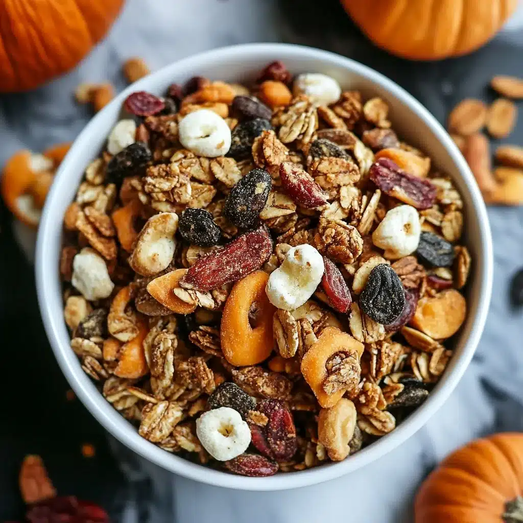 White bowl filled with autumn trail mix made of granola, dried fruit, nuts, and pretzels with small pumpkins in the background