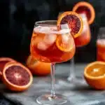Close-up of a blood orange spritz cocktail served in a stemmed glass with ice cubes, garnished with fresh blood orange slices.