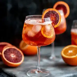 Close-up of a blood orange spritz cocktail served in a stemmed glass with ice cubes, garnished with fresh blood orange slices.