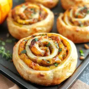 Golden puff pastry pinwheels filled with roasted butternut squash, herbs, and cheese, baked to a crisp and garnished with fresh parsley.