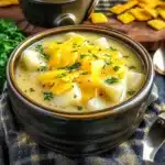 A hearty bowl of creamy cheddar potato soup garnished with fresh herbs, served in a black ceramic bowl on a dark plaid napkin.