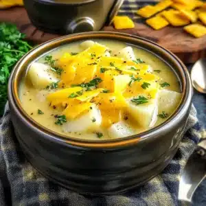 A hearty bowl of creamy cheddar potato soup garnished with fresh herbs, served in a black ceramic bowl on a dark plaid napkin.