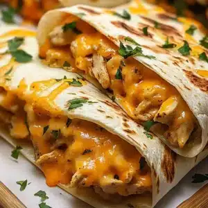 Close-up of cheesy chicken quesadillas with melted cheddar in grilled tortillas, garnished with parsley