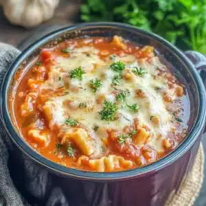 A hearty bowl of lasagna soup topped with melted cheese and fresh parsley, served in a rustic ceramic bowl.