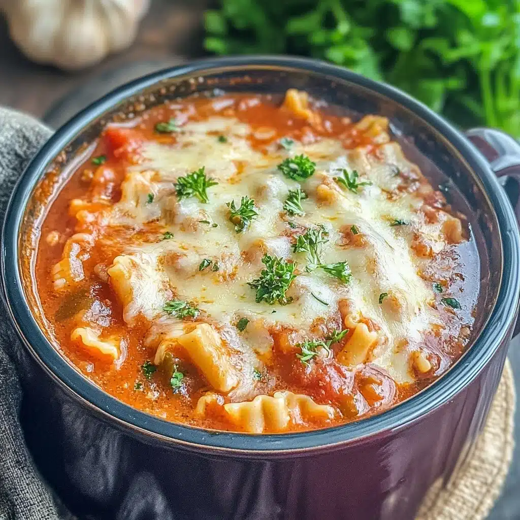 A hearty bowl of lasagna soup topped with melted cheese and fresh parsley, served in a rustic ceramic bowl.