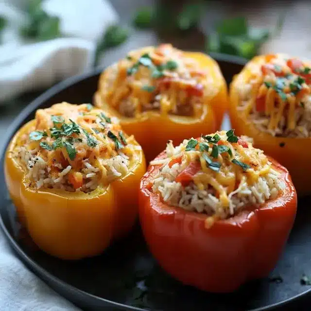 Close-up of yellow and red bell peppers stuffed with rice, veggies, and melted cheese, topped with chopped parsley