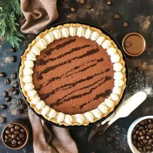 Rich chocolate coffee tart topped with cocoa powder, chocolate drizzle, and a whipped cream border, surrounded by coffee beans and cups on a rustic background.
