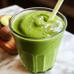 A thick, creamy green avocado smoothie in a glass with a polka-dot straw, placed on a marble surface with sliced avocado in the background.Green smoothie for weight loss