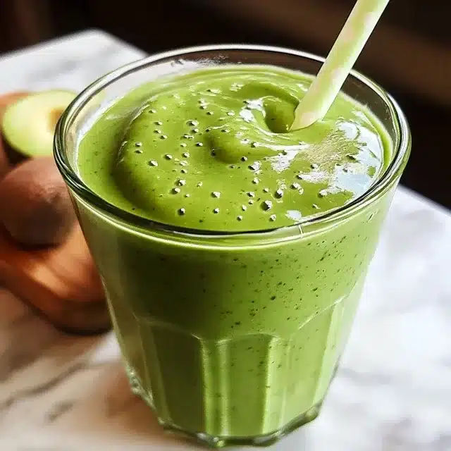 A thick, creamy green avocado smoothie in a glass with a polka-dot straw, placed on a marble surface with sliced avocado in the background.Green smoothie for weight loss