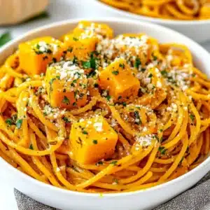 A white bowl filled with spaghetti tossed in creamy butternut squash sauce, topped with cubed squash, chopped herbs, and grated Parmesan cheese.