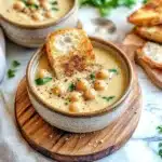 A rustic bowl of creamy chickpea soup topped with whole chickpeas, fresh herbs, cracked black pepper, and served with toasted bread.