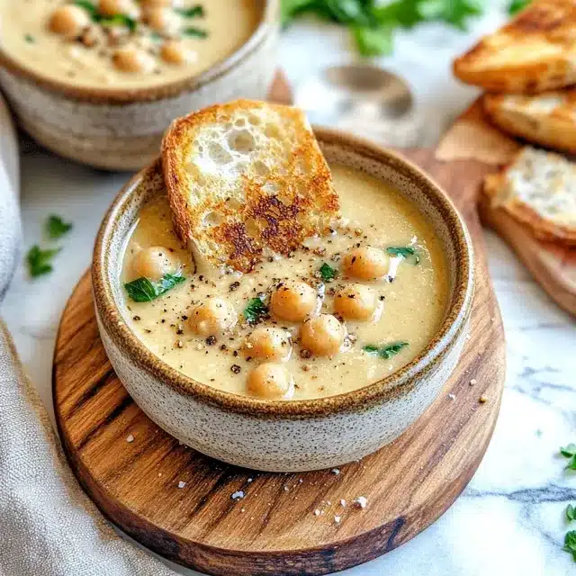 A rustic bowl of creamy chickpea soup topped with whole chickpeas, fresh herbs, cracked black pepper, and served with toasted bread.