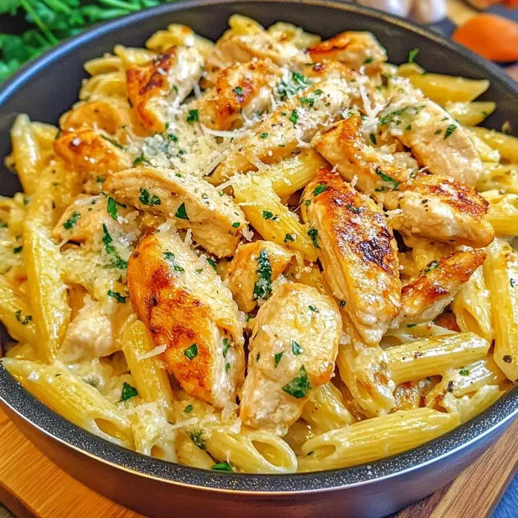 Skillet filled with creamy penne pasta and grilled chicken topped with shredded parmesan and parsley