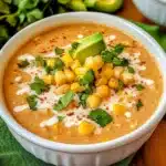 Creamy Mexican-style corn soup topped with roasted corn kernels, fresh avocado, cilantro, and a drizzle of crema in a white bowl.