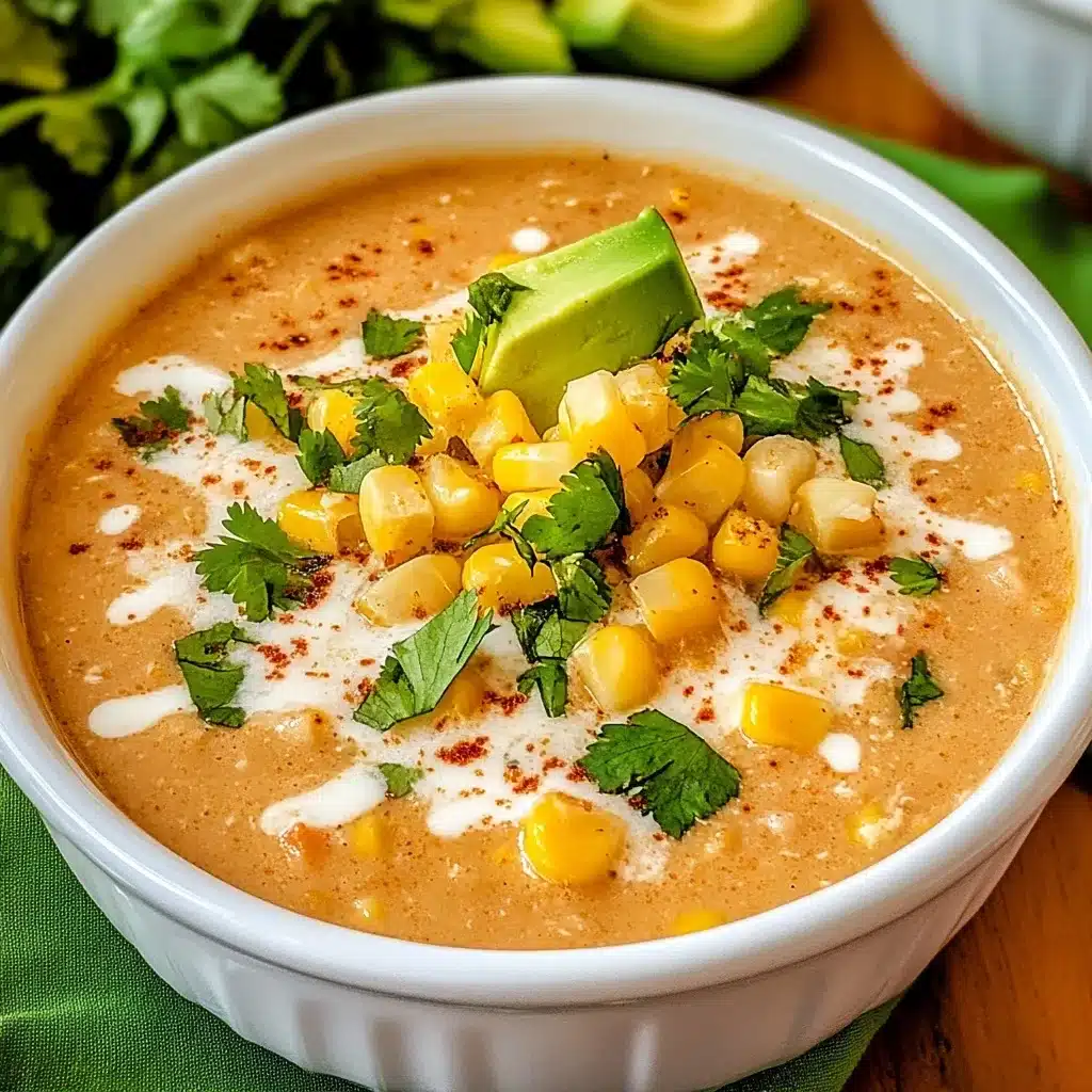 Creamy Mexican-style corn soup topped with roasted corn kernels, fresh avocado, cilantro, and a drizzle of crema in a white bowl.