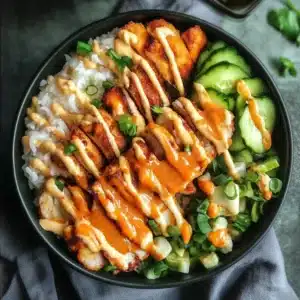 Overhead view of a crispy chicken rice bowl topped with spicy mayo, cucumbers, and green onions