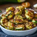 Close-up of golden brown crispy zucchini bites served in a white bowl
