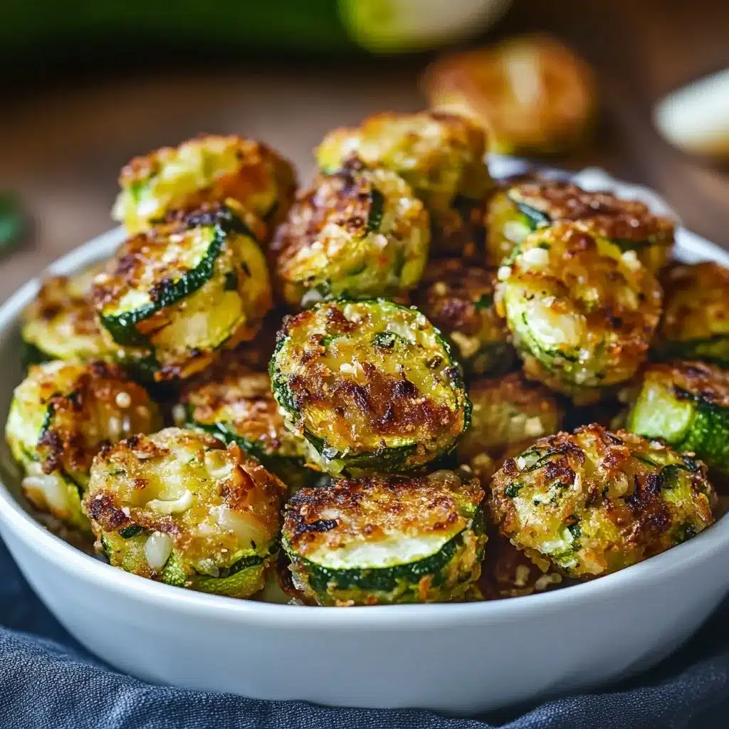 Close-up of golden brown crispy zucchini bites served in a white bowl