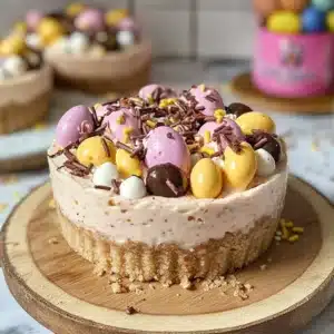 Mini no-bake cheesecake on a wooden board, topped with colorful chocolate Easter eggs, yellow sprinkles, and chocolate shavings.