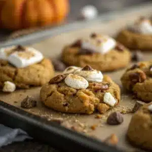 Soft pumpkin cookies topped with toasted marshmallows, pecans, and chocolate chips on a baking sheet