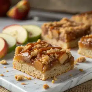 Close-up of a caramel apple crumble bar on a marble board, topped with streusel and caramel drizzle