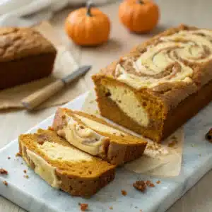 Sliced pumpkin bread with a cream cheese swirl on a marble board, with mini pumpkins and another loaf in the background