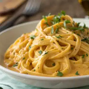 Bowl of creamy pumpkin fettuccine pasta topped with fresh chopped parsley