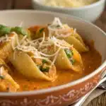 Jumbo pasta shells stuffed with ricotta and spinach in a creamy tomato sauce, topped with shredded cheese