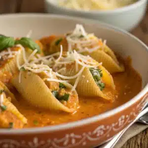 Jumbo pasta shells stuffed with ricotta and spinach in a creamy tomato sauce, topped with shredded cheese