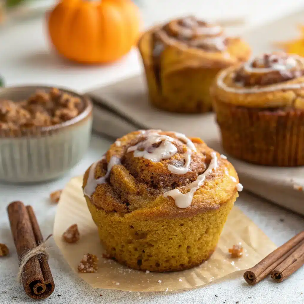 Pumpkin cinnamon roll muffins topped with icing, surrounded by cinnamon sticks and a small bowl of brown sugar