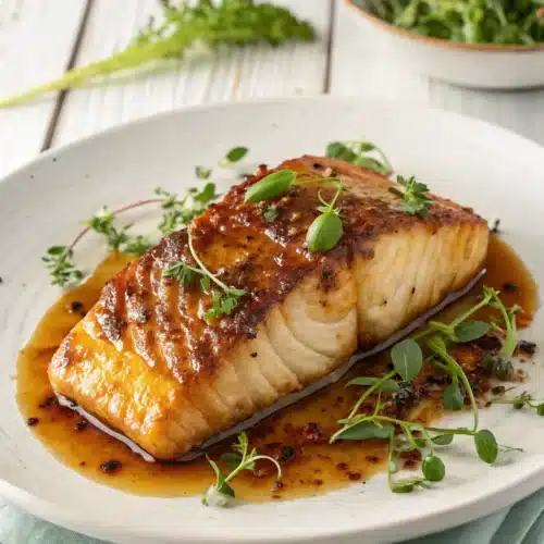 Golden-brown pan-seared salmon fillet on a white plate with garlic butter sauce and microgreens garnish
