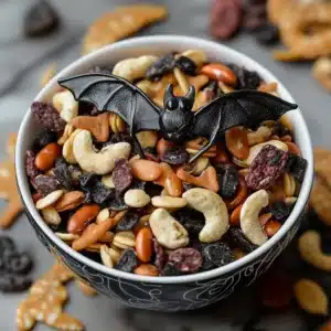 White bowl filled with Halloween trail mix of nuts, dried fruit, and candy, topped with a black bat decoration