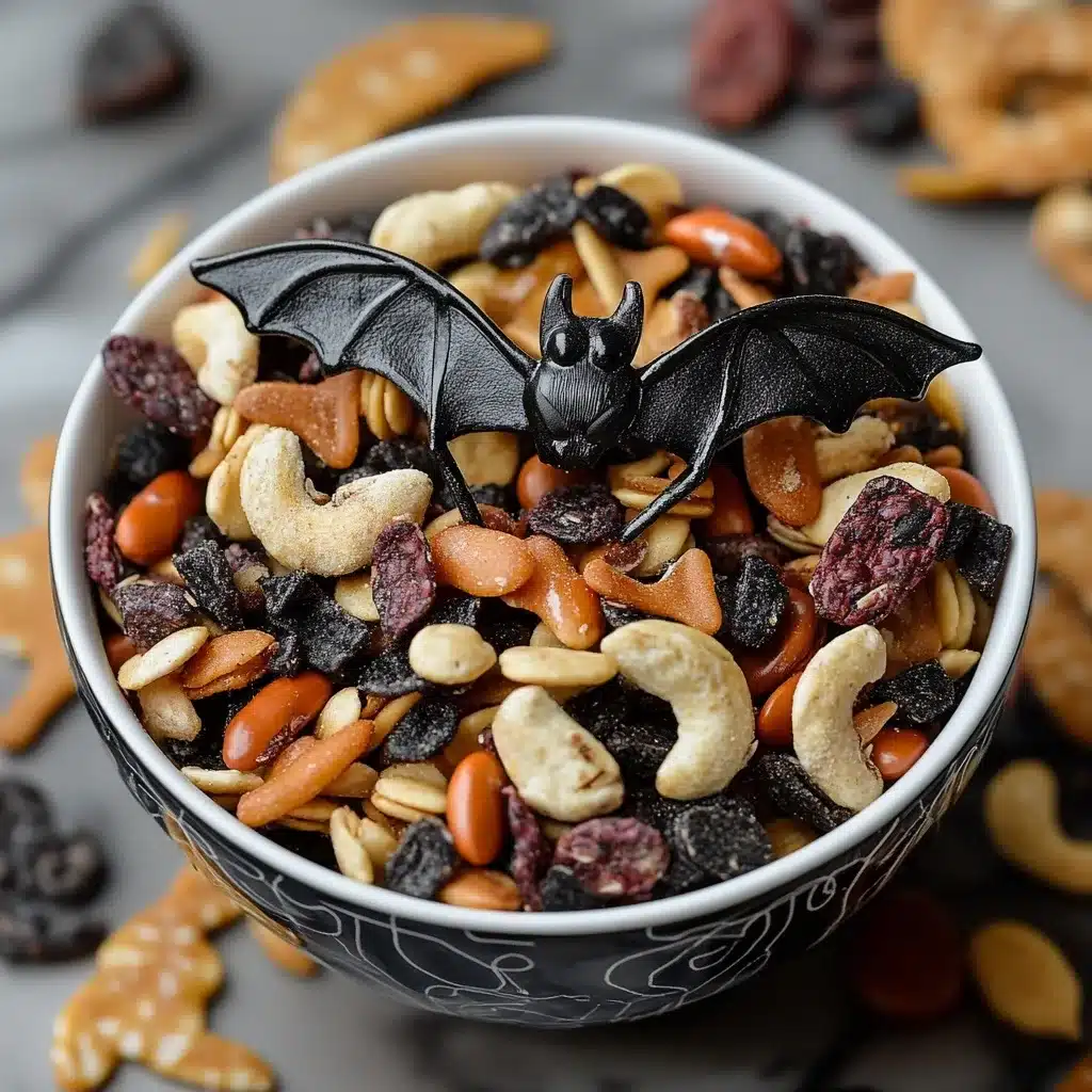 White bowl filled with Halloween trail mix of nuts, dried fruit, and candy, topped with a black bat decoration