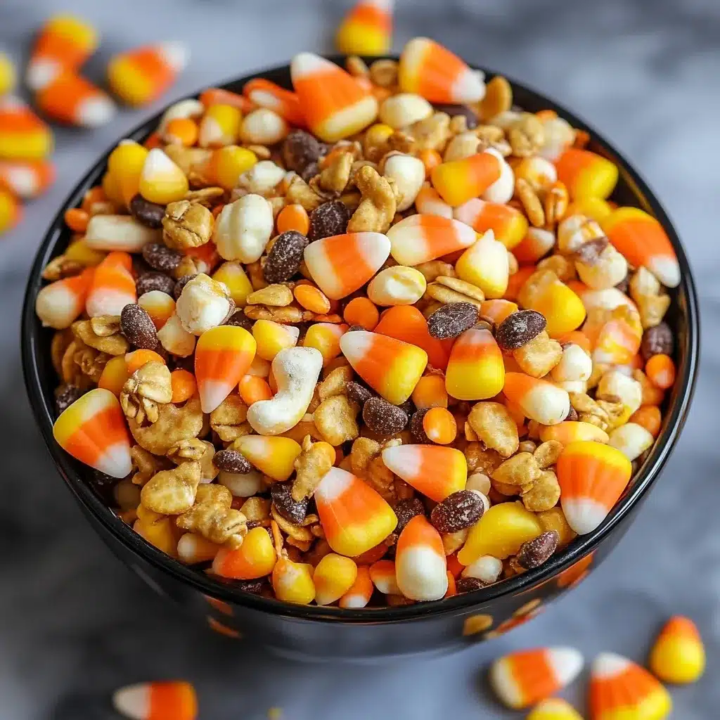 Black bowl filled with Halloween trail mix made of candy corn, nuts, chocolate chips, and granola pieces
