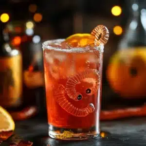 Halloween-themed red cocktail served in a glass with ice, gummy worms, and an orange slice, with festive lights in the background. Haunted Aperol Collins