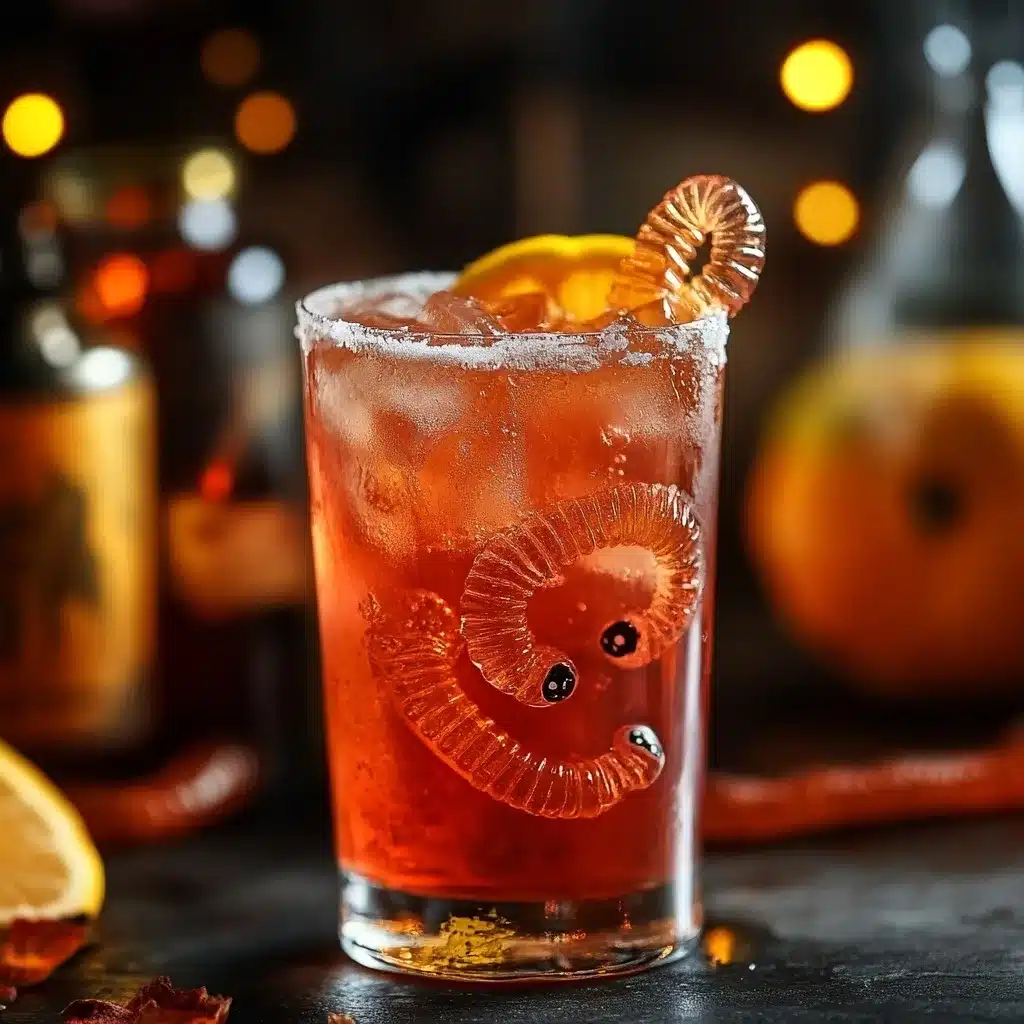 Halloween-themed red cocktail served in a glass with ice, gummy worms, and an orange slice, with festive lights in the background. Haunted Aperol Collins
