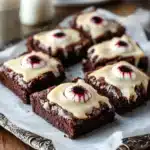 Chocolate brownies topped with white icing and edible candy eyeballs, arranged on parchment paper for Halloween