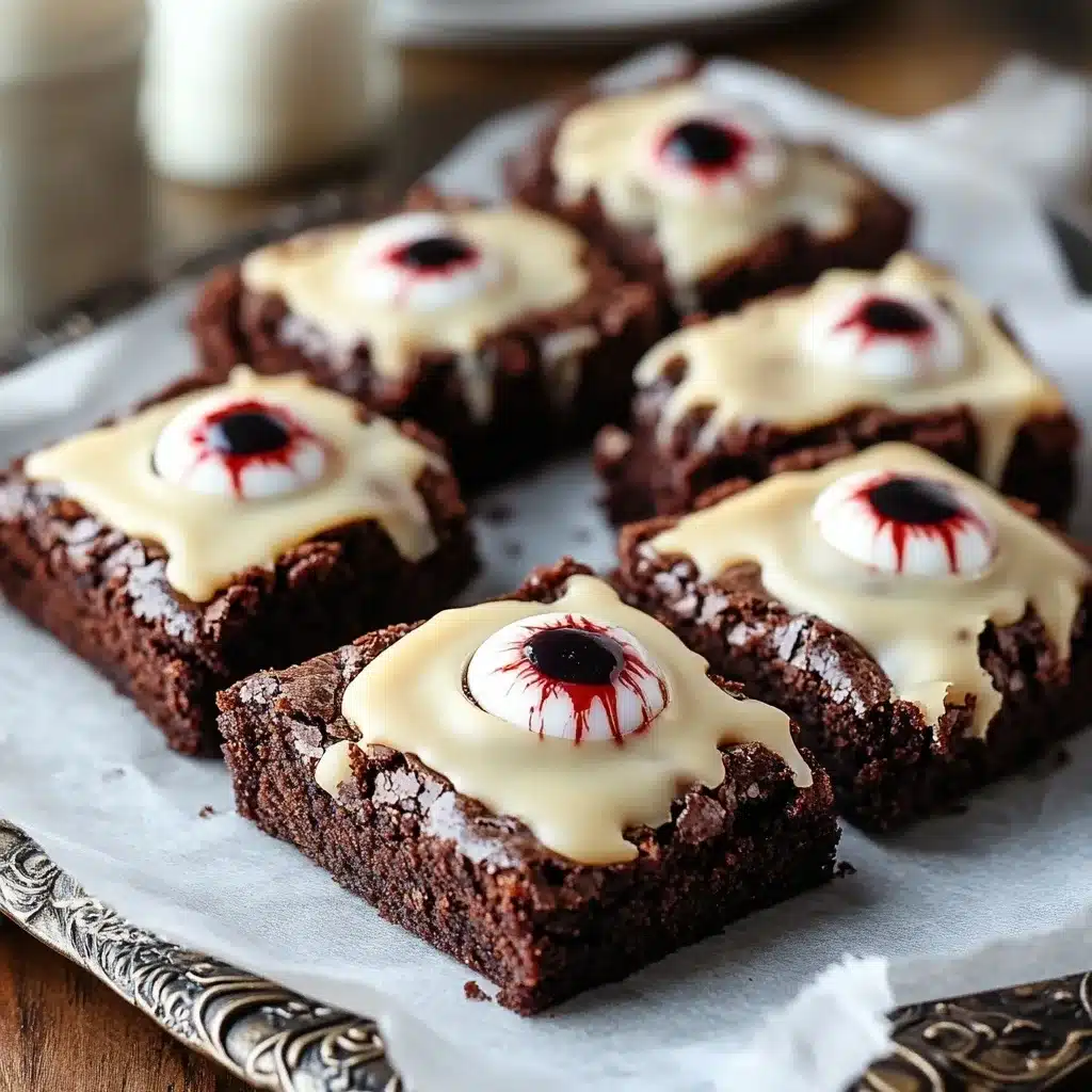 Chocolate brownies topped with white icing and edible candy eyeballs, arranged on parchment paper for Halloween