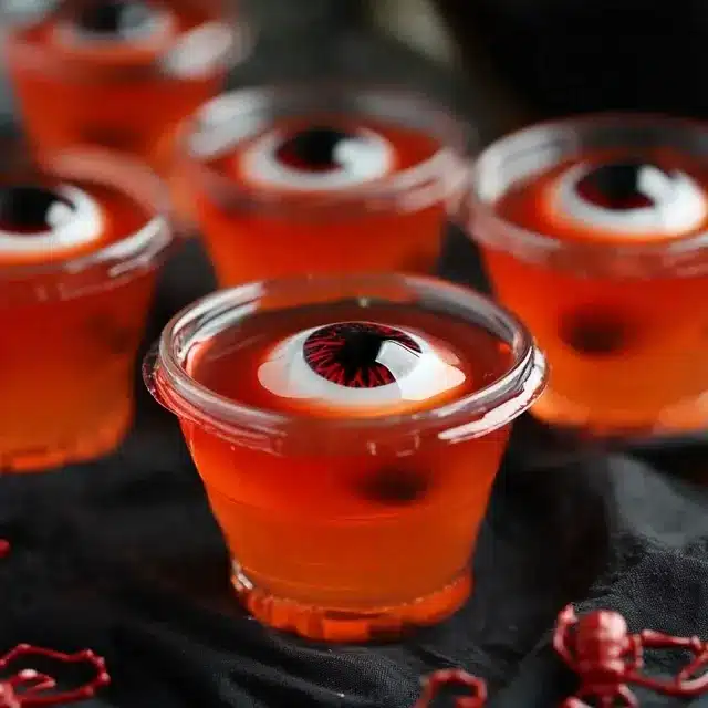 Red jello cups with floating fake eyeballs, arranged on a dark cloth with Halloween decorations