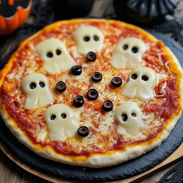 Homemade pizza topped with ghost-shaped mozzarella slices and black olive eyes, perfect for Halloween