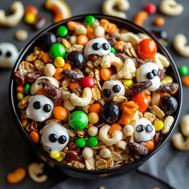 Black bowl of Halloween trail mix with candy ghosts, colorful chocolates, nuts, and pretzels