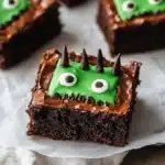 Chocolate brownie decorated with green frosting, candy eyes, and chocolate chip horns to resemble a monster face