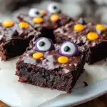 Chocolate brownies decorated with candy eyeballs and orange candy pieces, styled as fun Halloween monster treats
