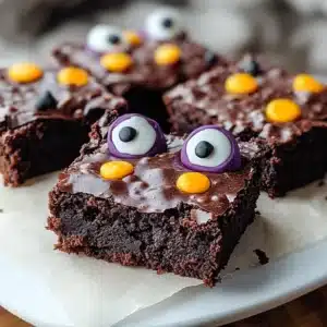 Chocolate brownies decorated with candy eyeballs and orange candy pieces, styled as fun Halloween monster treats