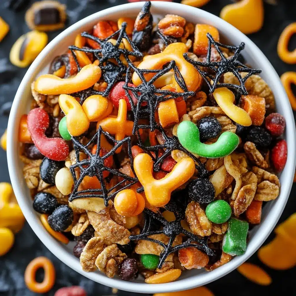 halloween-party-trail-mix-with-candy-and-spiderwebs.jpg White bowl filled with Halloween trail mix of granola, nuts, colorful gummy candies, and black spiderweb decorations