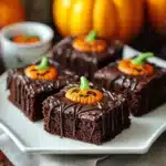 Chocolate brownies decorated with drizzled chocolate and fondant pumpkin toppers, served on a white plate