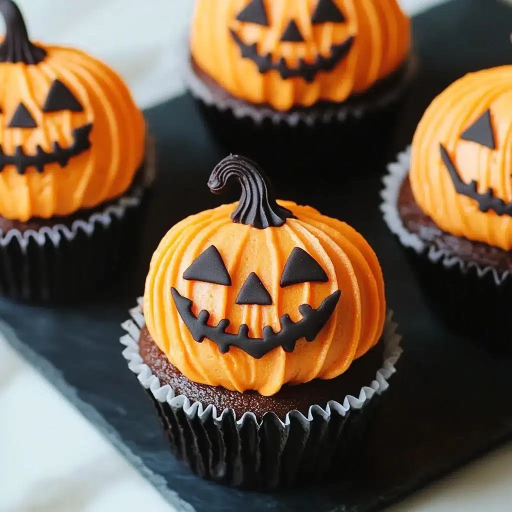 Chocolate cupcakes decorated with bright orange pumpkin frosting shaped like jack-o’-lanterns with black candy faces