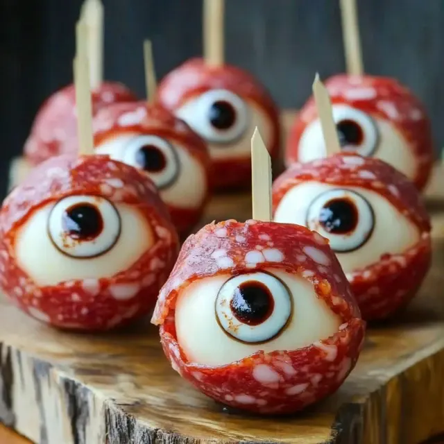 Cheese balls wrapped in salami, decorated to look like creepy eyeballs with black olive pupils, served on wooden board