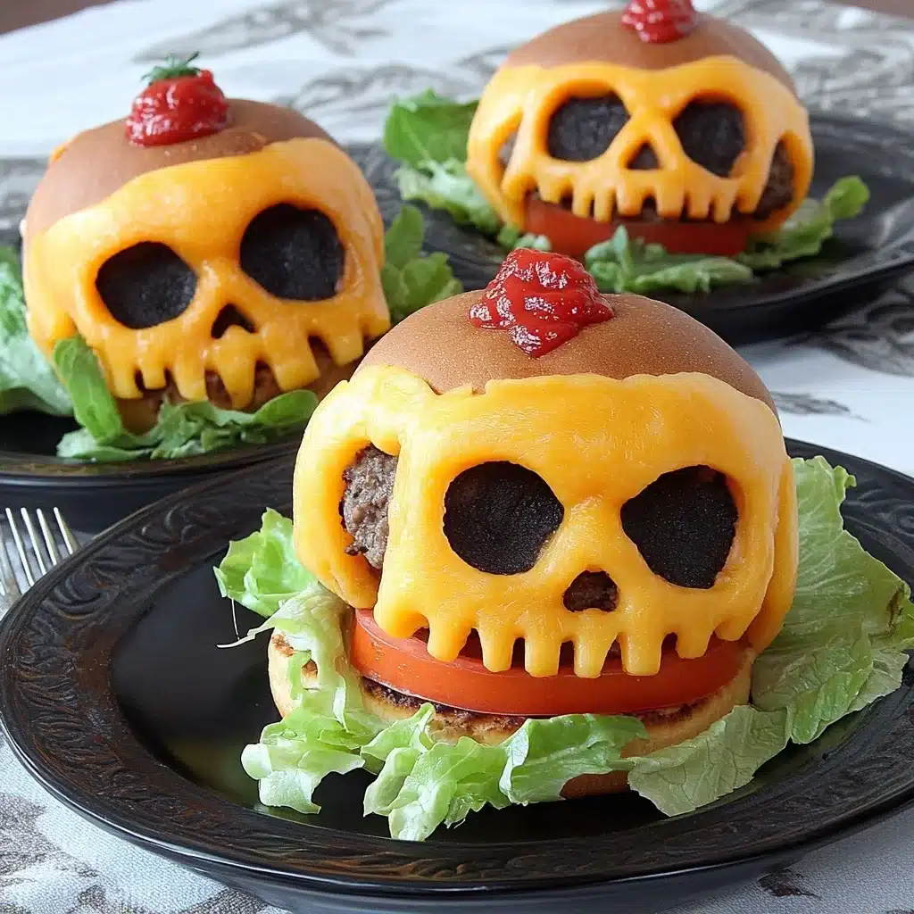 Cheeseburgers decorated with carved cheddar cheese shaped like skulls, topped with ketchup and served with lettuce and tomato